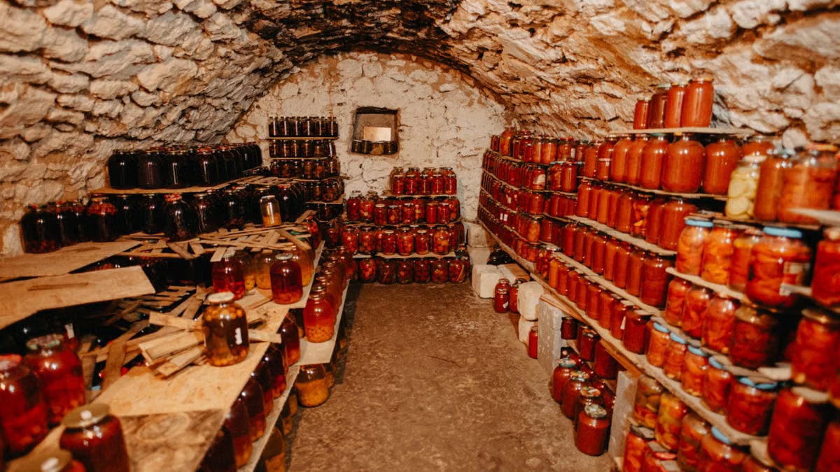 A cozy stone cellar filled with neatly arranged jars of preserves.